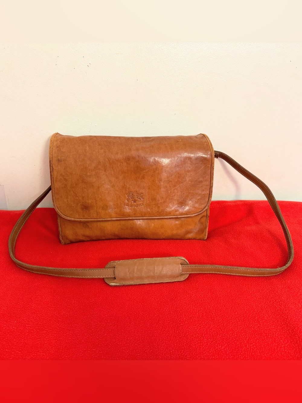 IL Bisonte w/5 Compartment Clutch Messenger Tan Leather bag Italy Made Vintage